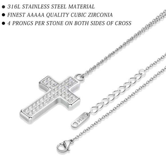 Stainless Steel Silver Cross with Mini Rhinestones Unisex Style - Picture 2 of 5